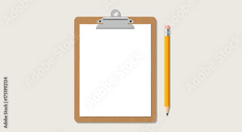 Wooden clipboard with a blank white paper sheet and a yellow sharpened pencil.