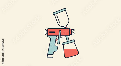 Cartoon-Style Paint Spray Gun with Two Containers and Red and Blue Accents