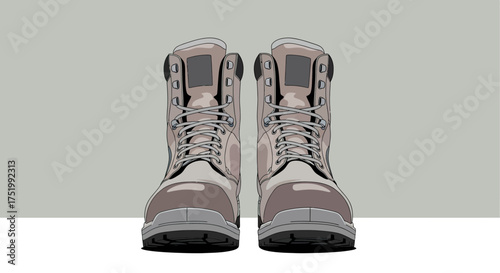 Pair of sturdy beige work boots with grey laces and D-ring eyelets, front view.