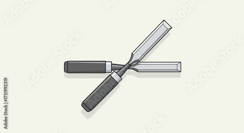 A pair of crossed woodworking chisels with beveled edges and dark gray handles.