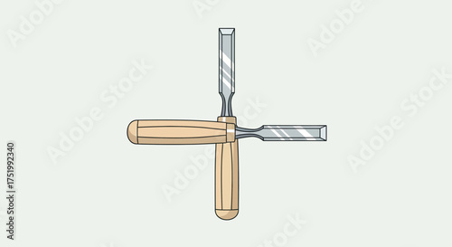 Cross-Shaped Arrangement of Three Woodworking Chisels with Wooden Handles