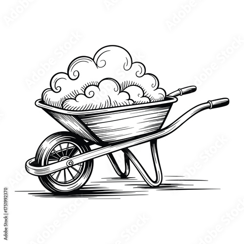 Wheelbarrow Vector with Cloud Isolated Graphic Element Farm Gardening Tool Design