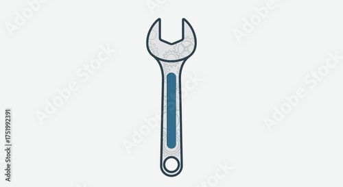 Stylized grey wrench graphic with internal gear pattern and blue handle accent