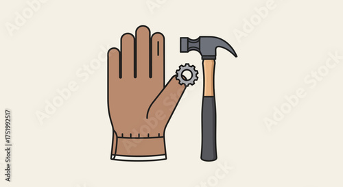 Cartoon style brown work glove, small gear, and grey claw hammer illustration