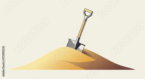 Illustrated shovel with D-grip handle and metal blade stuck in a textured sand mound.