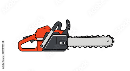 Illustrated orange and dark gray chainsaw, side view, with a prominent guide bar and chain.
