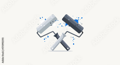 Stylized Crossed Paint Rollers, One Light Gray, One Dark Gray, with Blue and White Paint Splatters