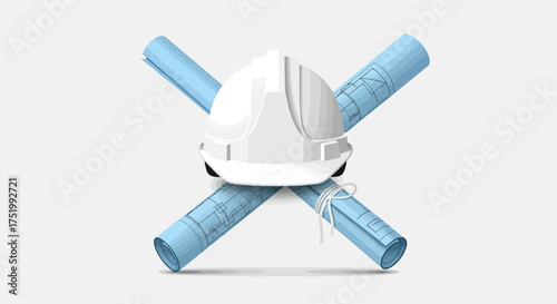 White Construction Hard Hat Centered Over Crossed Blue Architectural Blueprints