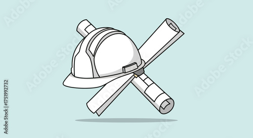 Clean white hard hat crossed with rolled architectural blueprints vector illustration