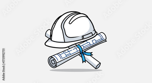 White Hard Hat and Rolled Blueprints with Blue Ribbon