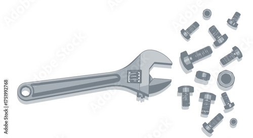 Gray adjustable wrench and a collection of metal bolts and nuts in a flat vector style.