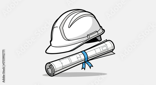 White Hard Hat and Rolled Blueprint with Blue Ribbon Vector Illustration