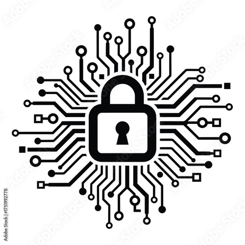 Digital padlock integrated with circuit board lines and nodes abstract binary