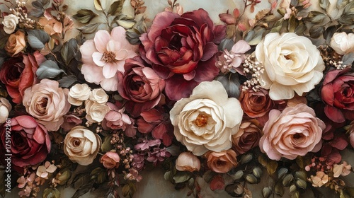 Luxurious burgundy and cream roses floral arrangement, textured background, home decor