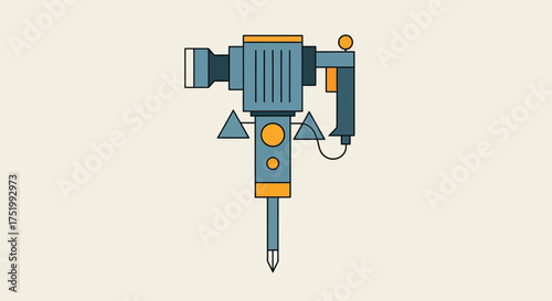 Vibrant blue and orange jackhammer illustration, flat design heavy-duty demolition tool with sharp chisel.