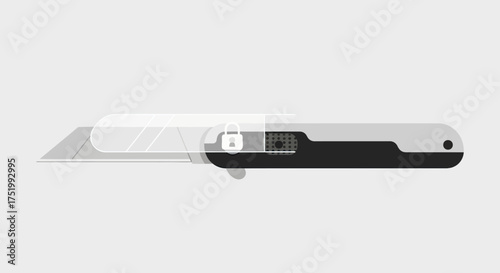 Sleek gray and black utility knife with sharp snap-off blade and lock icon