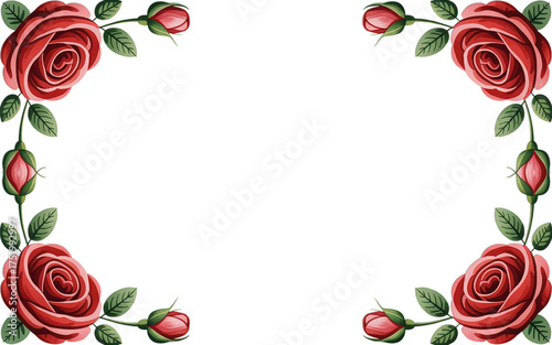 Elegant red roses and buds frame design with vibrant green leaves, perfect for invitations, cards, and romantic projects