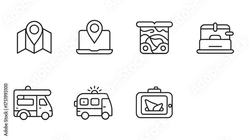 This vector icon pack features a collection of travel and camping icons, including map, location, camper, and gps navigation