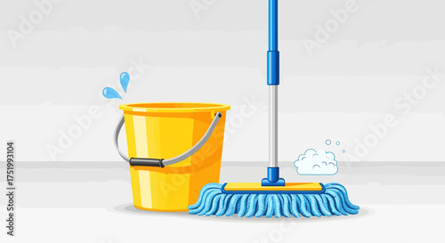 Cartoon Illustration of a Blue Mop with Yellow Handle and Head