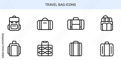 Set of travel bag icons collection of linear vector illustrations of different types of bags, including backpack, duffel bag, suitcase and other luggage