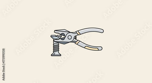 Stylized grey pliers with beige handles firmly gripping a silver threaded screw