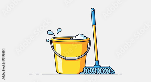 Cartoon Yellow Bucket with Soap Suds and Blue Mop Illustration