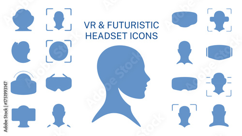Vr and futuristic headset icons contains such icons as vr, headset, face, futuristic, silhouette, and more vector illustration