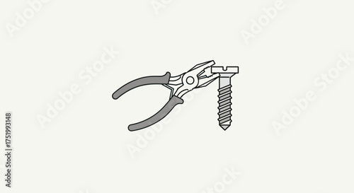 Gray-handled pliers firmly gripping a silver slotted flat-head screw, simple outline illustration.