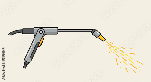 Vector illustration of a high-pressure washer gun with a yellow trigger and nozzle, spraying a powerful stream.
