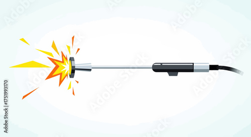 Stylized metallic torch emitting bright orange and yellow sparks from its nozzle, with a dark handle and cable.