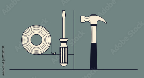 Flat Design Tools: Tape Roll, Screwdriver, and Hammer