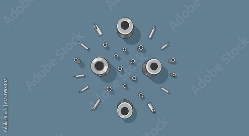Abstract Illustration of Metallic Screws and Cylindrical Objects
