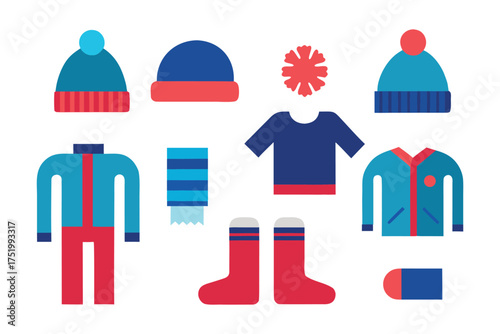 Collection of colorful winter clothing and accessories for cold weather outdoor activities and casual wear