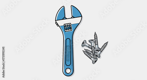 Stylized illustration of a blue adjustable wrench with a textured handle and a pile of silver screws.