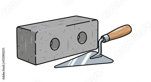 Illustrated grey concrete block with two holes and a silver trowel with a wooden handle