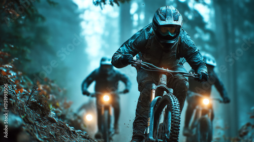 Mountain bikers ride through a muddy forest trail at dawn, surrounded by thick mist.
