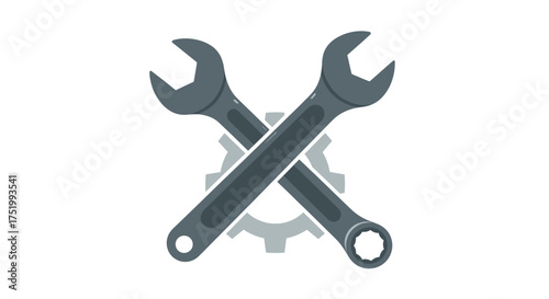 Two dark grey wrenches, one with a box end, crossed over a light grey gear, flat vector illustration of repair tools.
