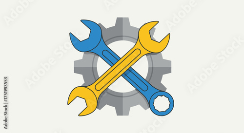 Crossed Blue and Yellow Wrenches Over Grey Gear Symbol
