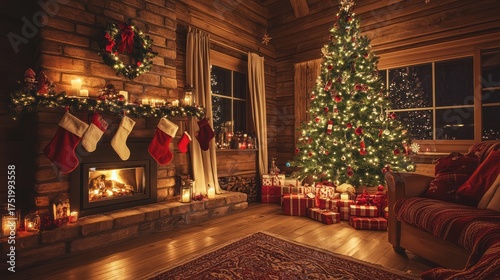 Cozy Christmas cabin, fireplace, tree, gifts. Holiday card