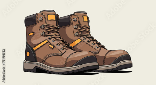 Pair of Brown Leather Work Boots with Yellow Accents and Laces