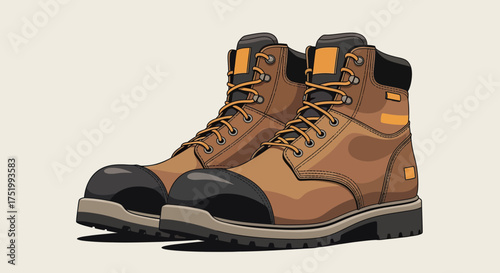 Vector illustration of rugged brown work boots with black steel toes and orange laces.