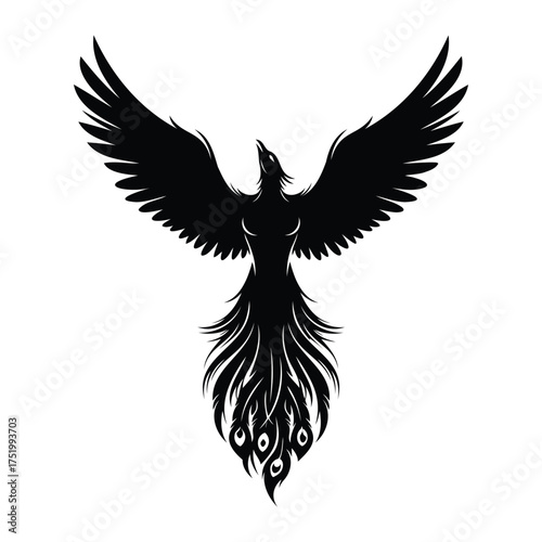 Black silhouette of a phoenix with spread wings on white background bird