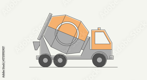 Stylized Illustration of a Concrete Mixer Truck with Orange and Gray Tones
