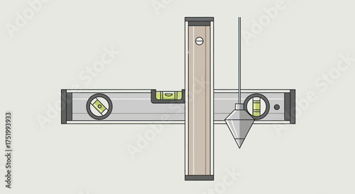 Grey spirit levels and plumb bob, flat vector illustration for precise horizontal and vertical alignment