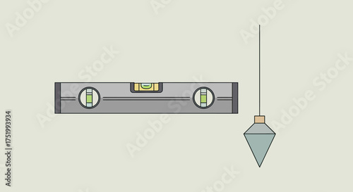 Gray Spirit Level and Plumb Bob Illustration for Construction Accuracy