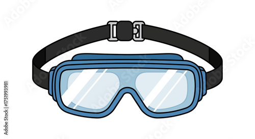 Cartoon illustration of blue safety goggles with a black adjustable strap and clear lenses.