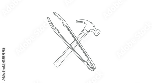 Crossed Hammer and Kitchen Tongs Line Art Illustration