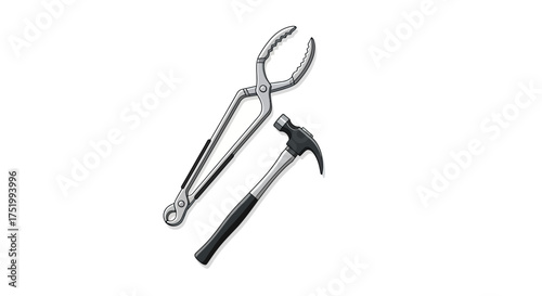 A pair of metal tongs and a claw hammer tool set