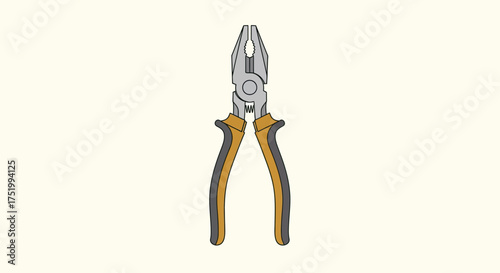 Illustration of grey metal combination pliers with orange and black handles and serrated jaws, featuring a spring mechanism.