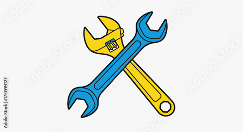 Vibrant yellow adjustable wrench crossed with a blue combination spanner tool illustration.